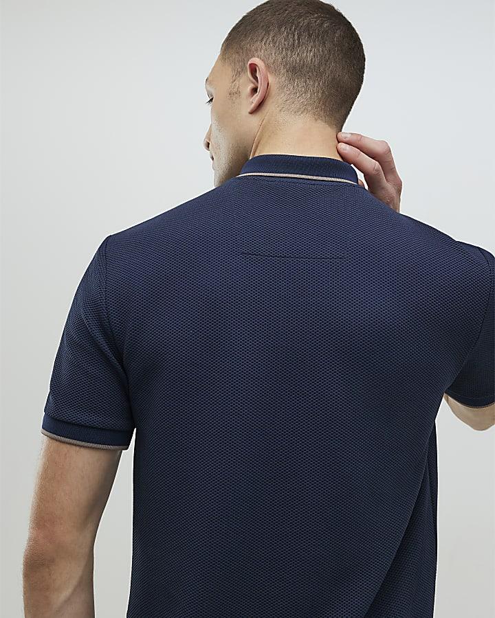River Island Navy Slim Fit Zip Polo Shirt