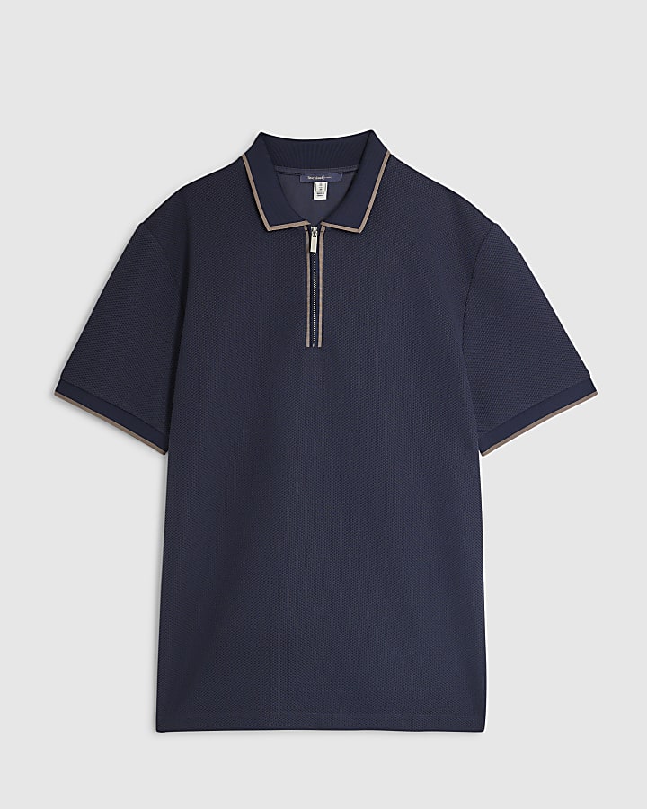 river island Navy Slim Fit Zip Polo Shirt