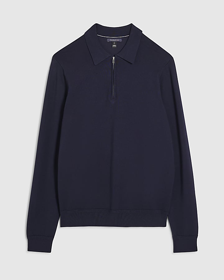 river island Navy Slim Fit Zip Polo Shirt