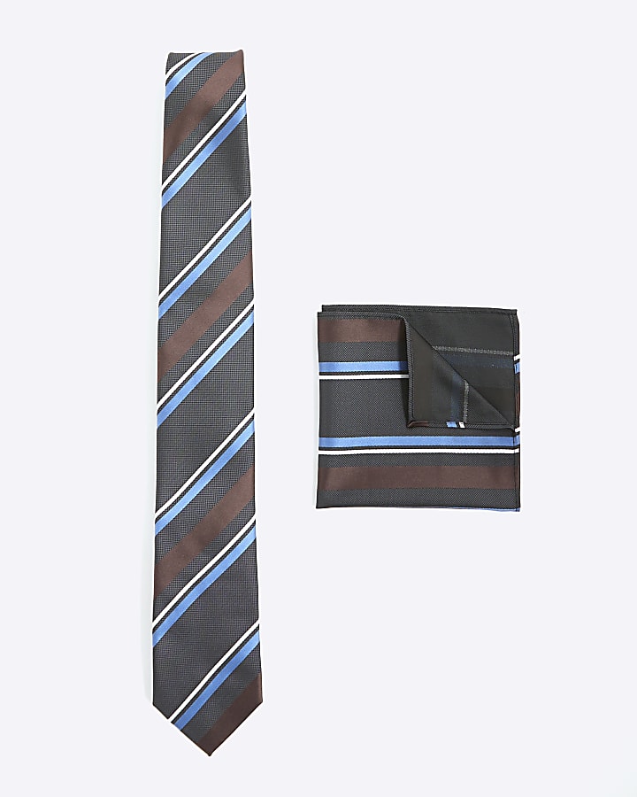 River Island Navy Stripe Handkerchief And Tie Set