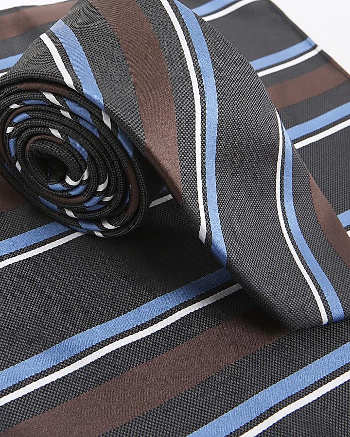river island Navy Stripe Handkerchief And Tie Set