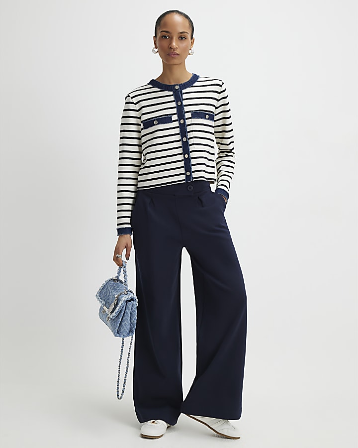 River Island Navy Tailored Wide Leg Trousers