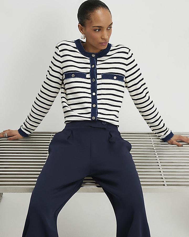 River Island Navy Tailored Wide Leg Trousers