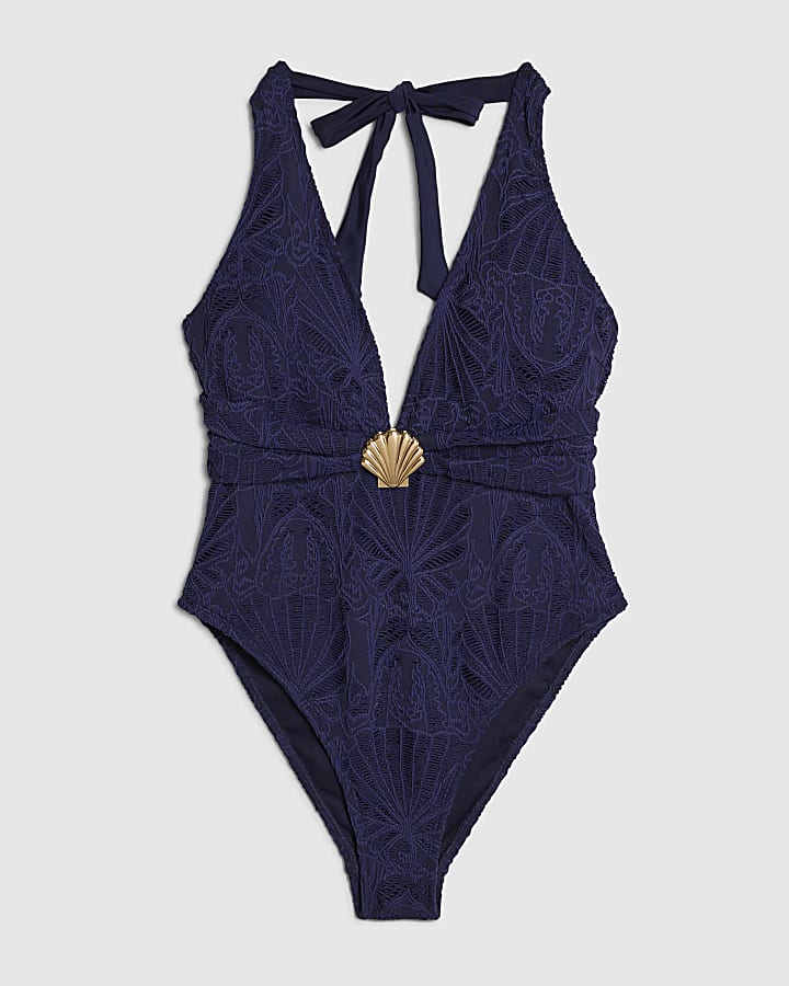 river island Navy Textured Shell Trim Swimsuit
