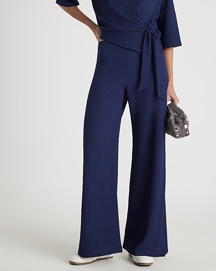 River Island Navy Textured Wide Leg Trousers