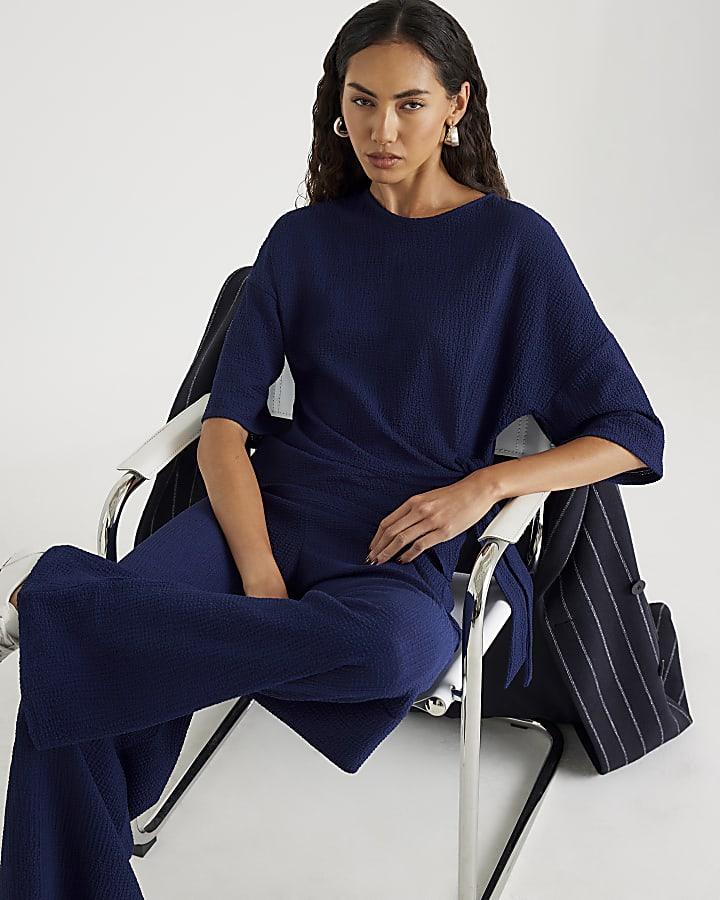 River Island Navy Textured Wide Leg Trousers