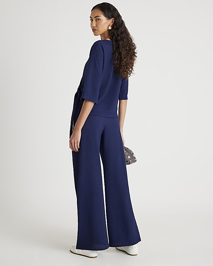 River Island Navy Textured Wide Leg Trousers