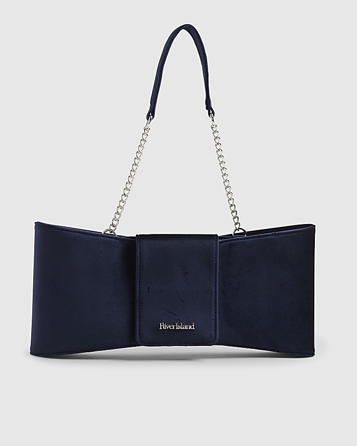 River Island Navy Velvet Bow Clutch Bag