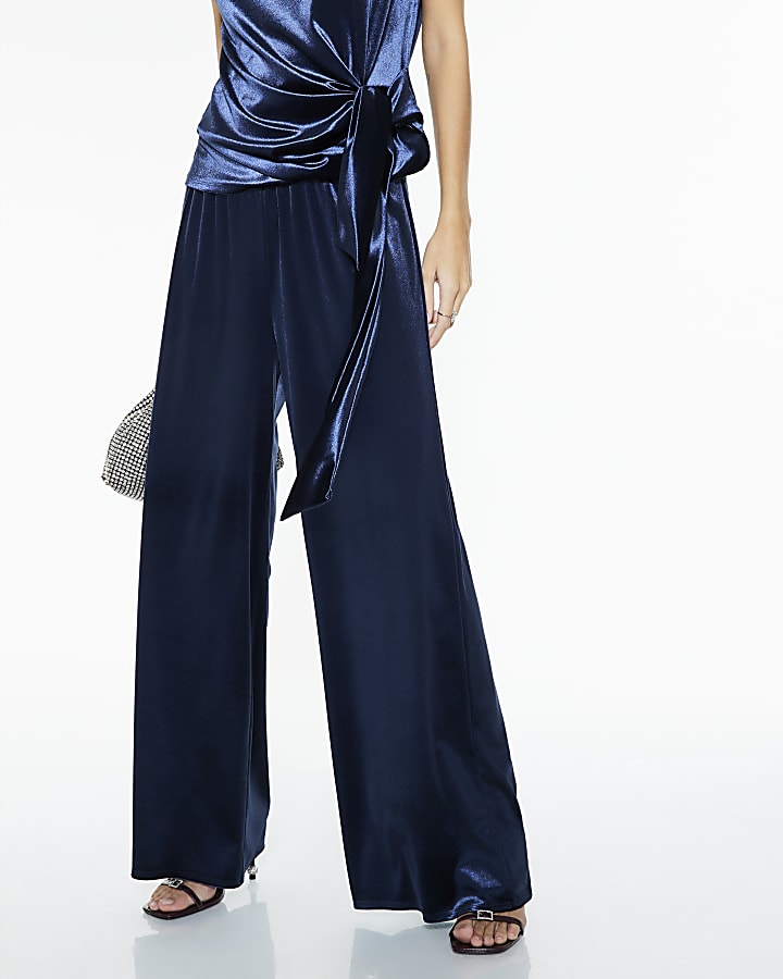 River Island Navy Velvet Wide Leg Joggers