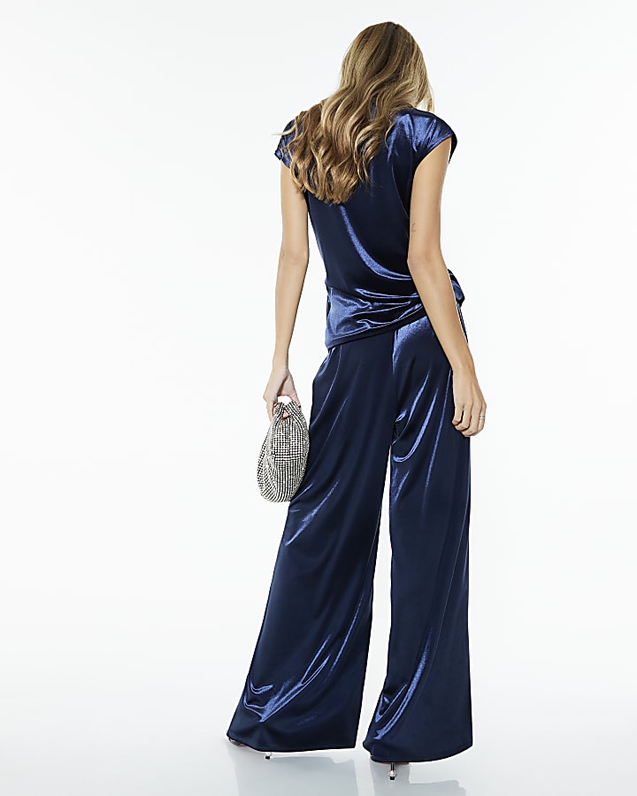 River Island Navy Velvet Wide Leg Joggers