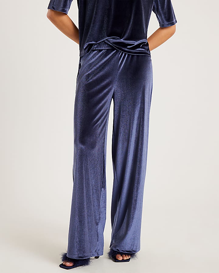 River Island Navy Velvet Wide Leg Joggers