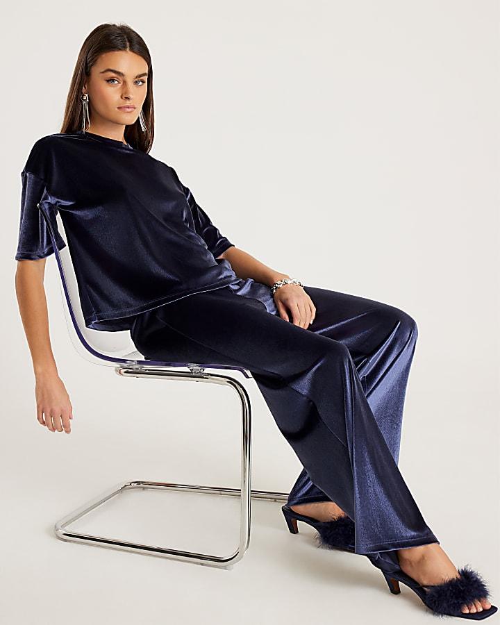River Island Navy Velvet Wide Leg Joggers