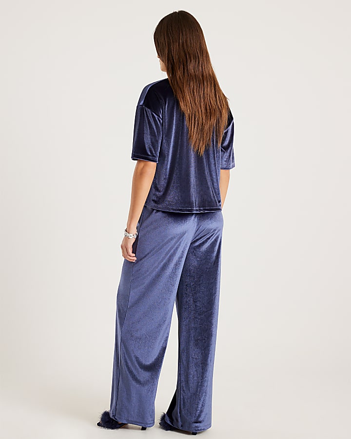 River Island Navy Velvet Wide Leg Joggers