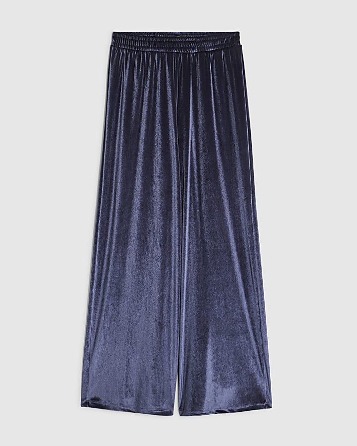river island Navy Velvet Wide Leg Joggers