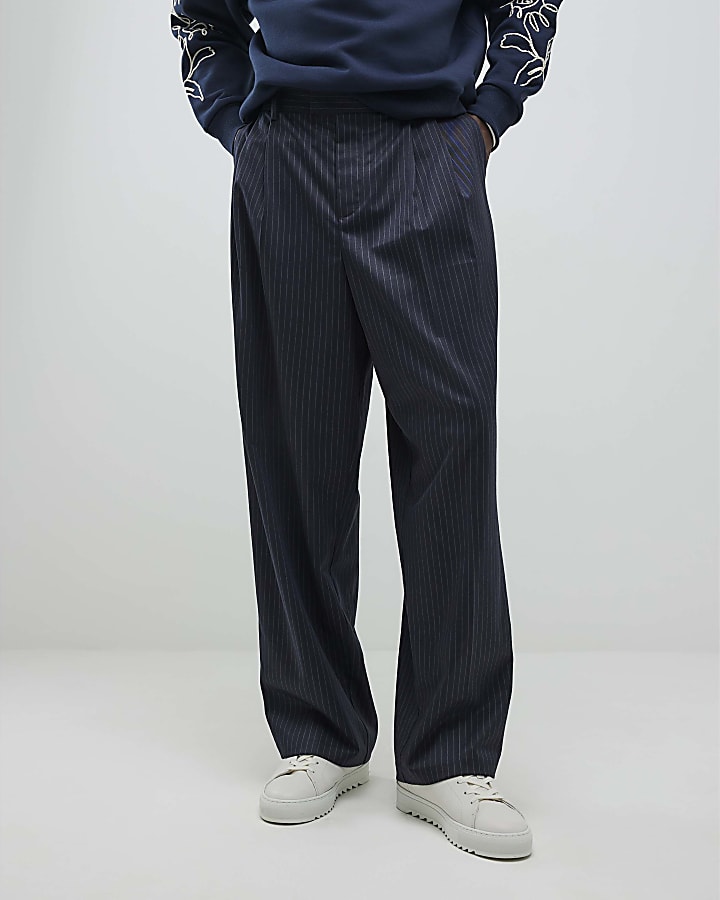 River Island Navy Wide Leg Pinstripe Trousers