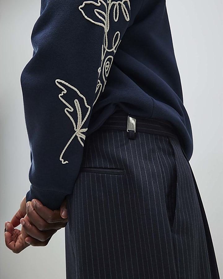 River Island Navy Wide Leg Pinstripe Trousers