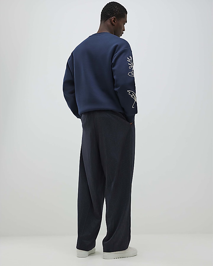 River Island Navy Wide Leg Pinstripe Trousers