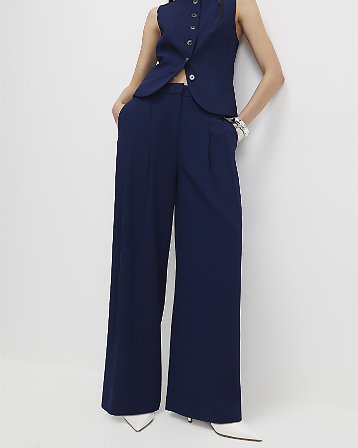 River Island Navy Wide Leg Trousers