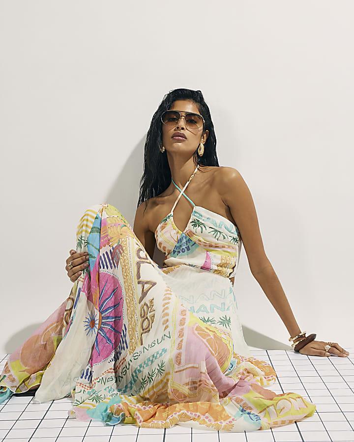 River Island Orange Halter Neck Pleated Maxi Dress