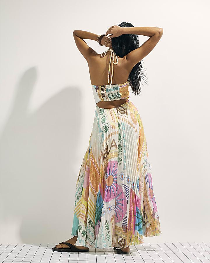 River Island Orange Halter Neck Pleated Maxi Dress