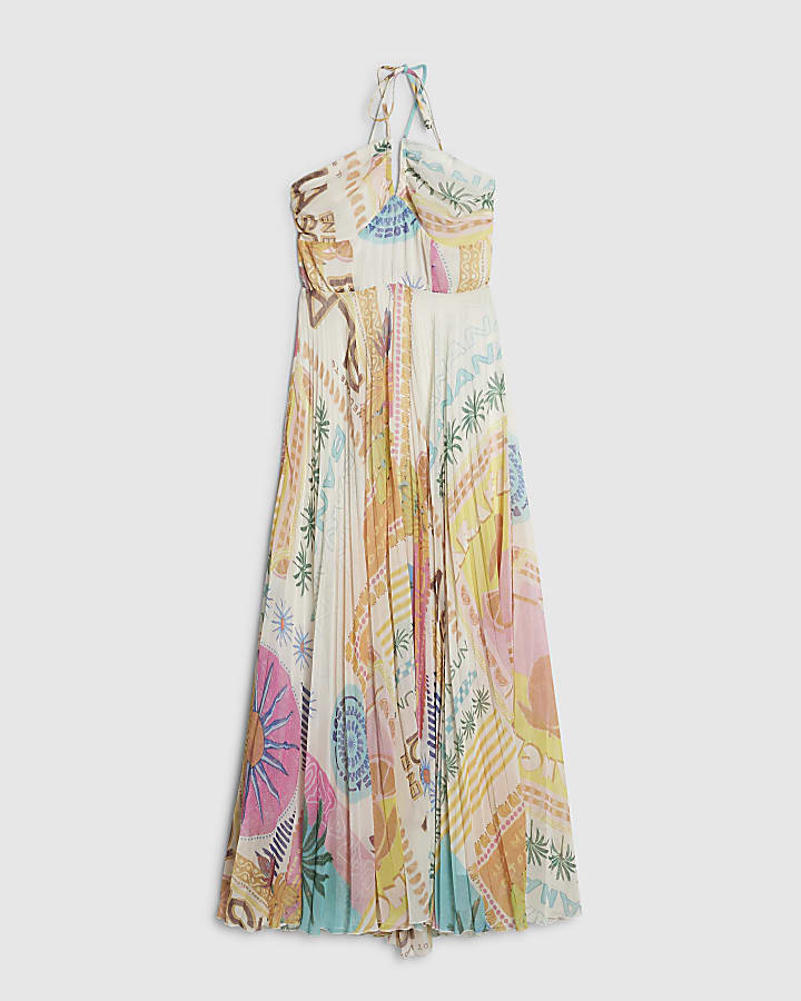 river island Orange Halter Neck Pleated Maxi Dress