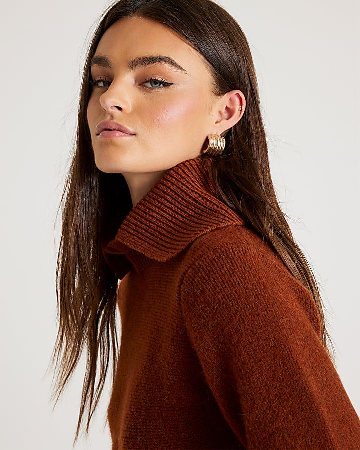 River Island Orange Knit Collared Peplum Jumper