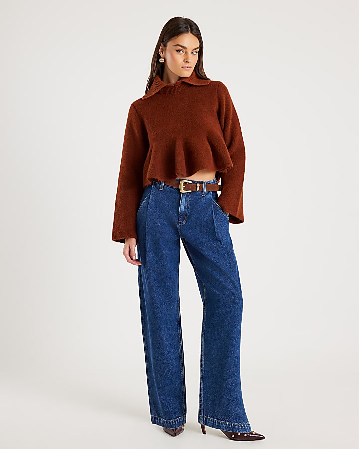 River Island Orange Knit Collared Peplum Jumper