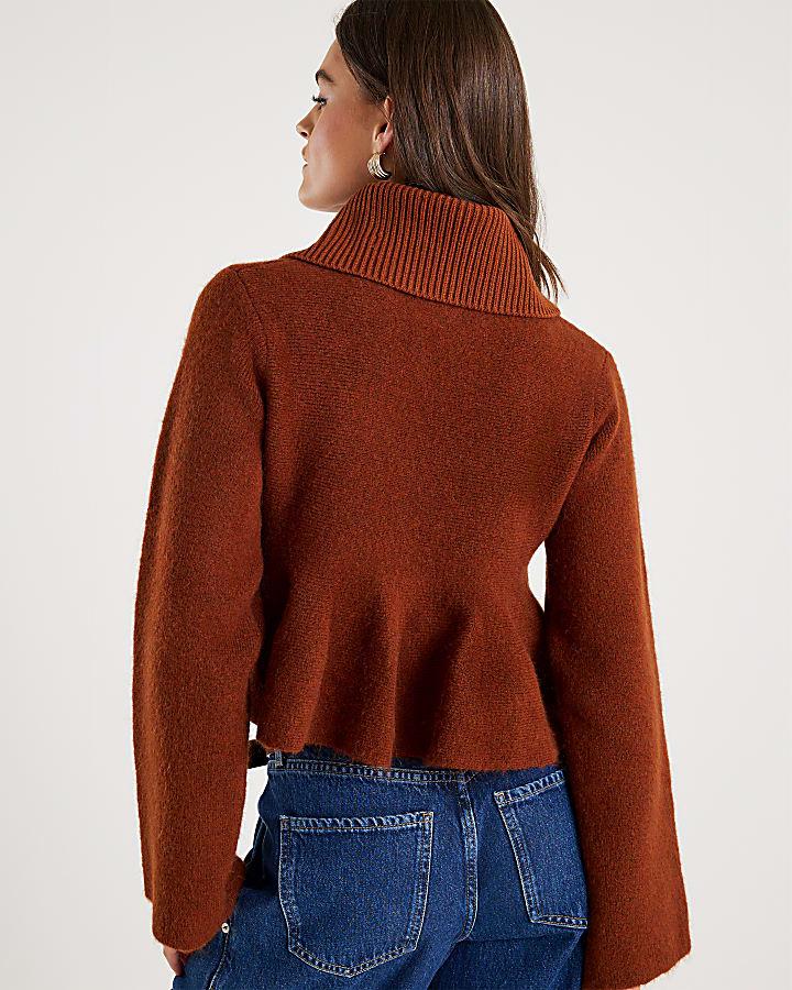 River Island Orange Knit Collared Peplum Jumper