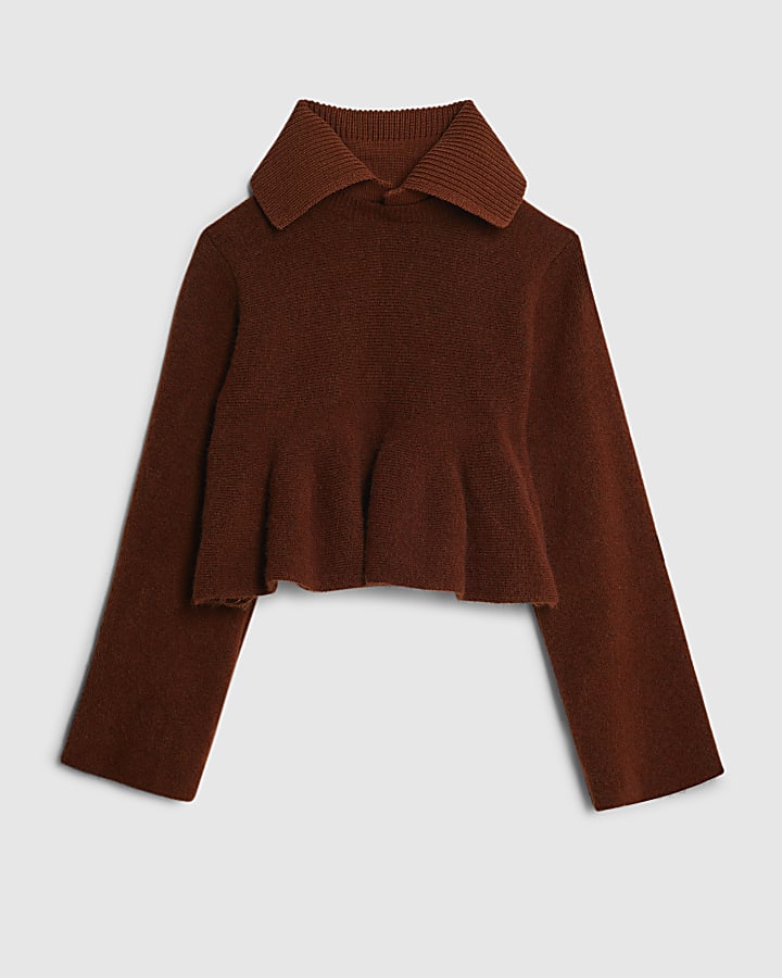 river island Orange Knit Collared Peplum Jumper