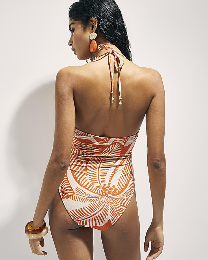 River Island Orange Metallic Palm Print Swimsuit