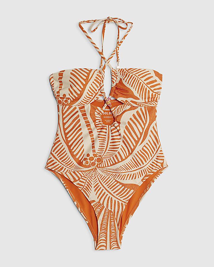 river island Orange Metallic Palm Print Swimsuit
