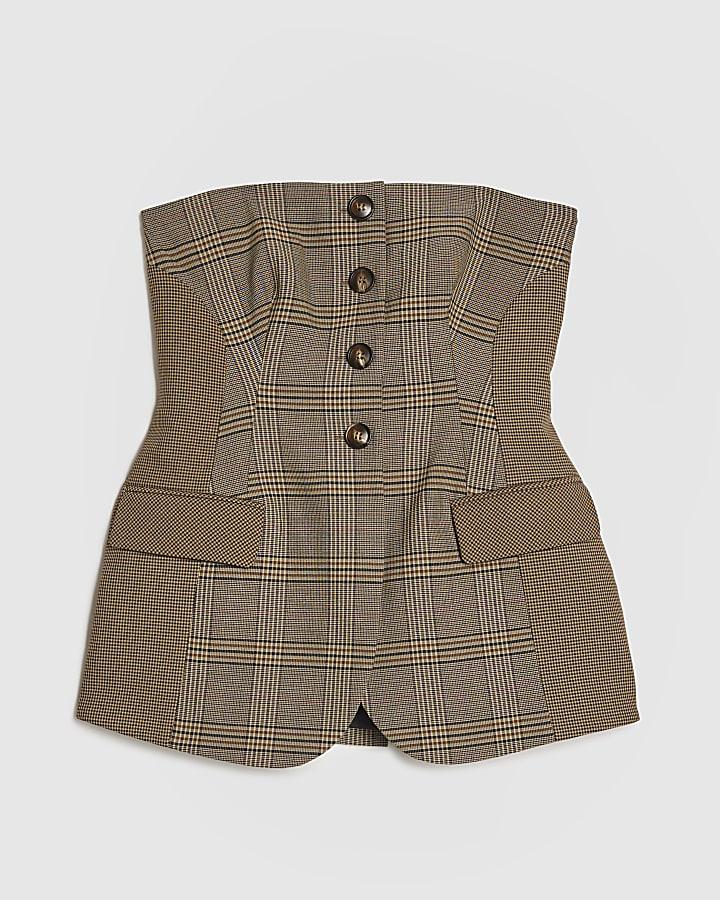 River Island Petite Brown Check Print Bandeau Top