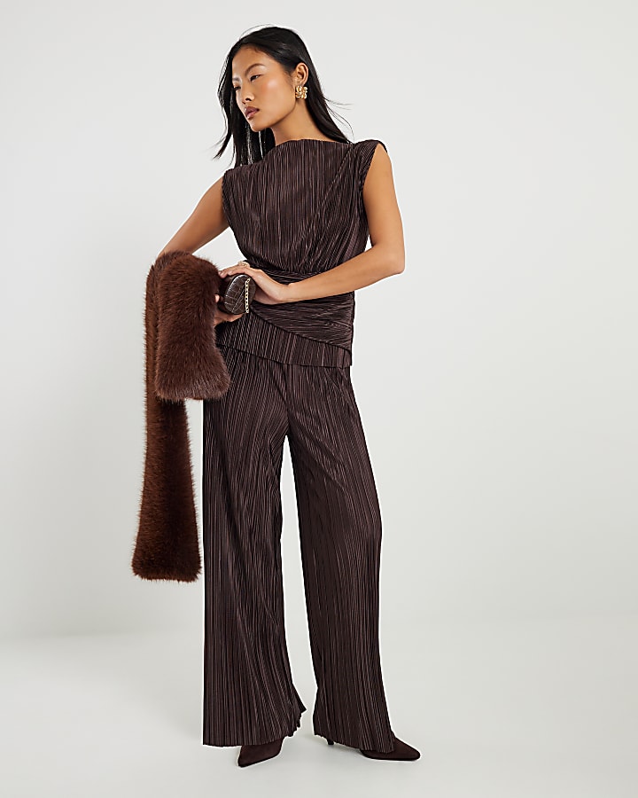 River Island Petite Brown Plisse Wide Leg Trousers