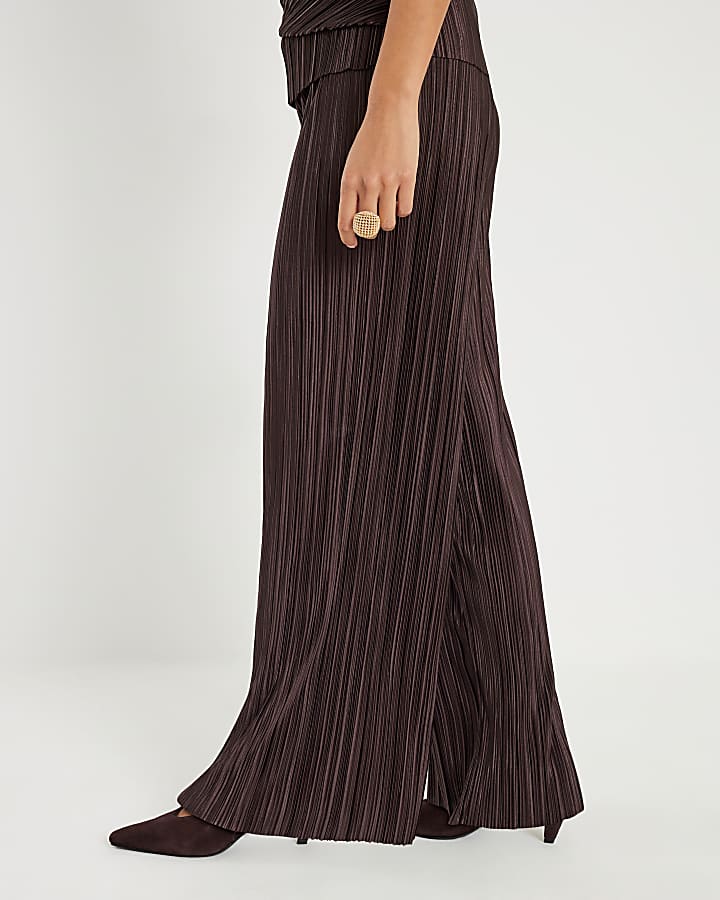 River Island Petite Brown Plisse Wide Leg Trousers