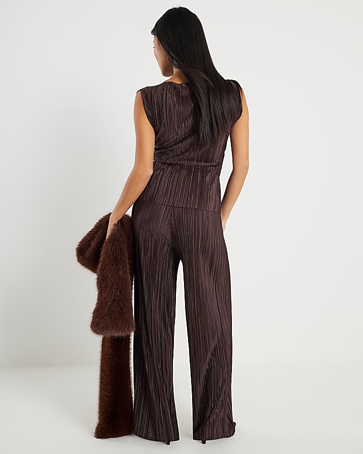 River Island Petite Brown Plisse Wide Leg Trousers