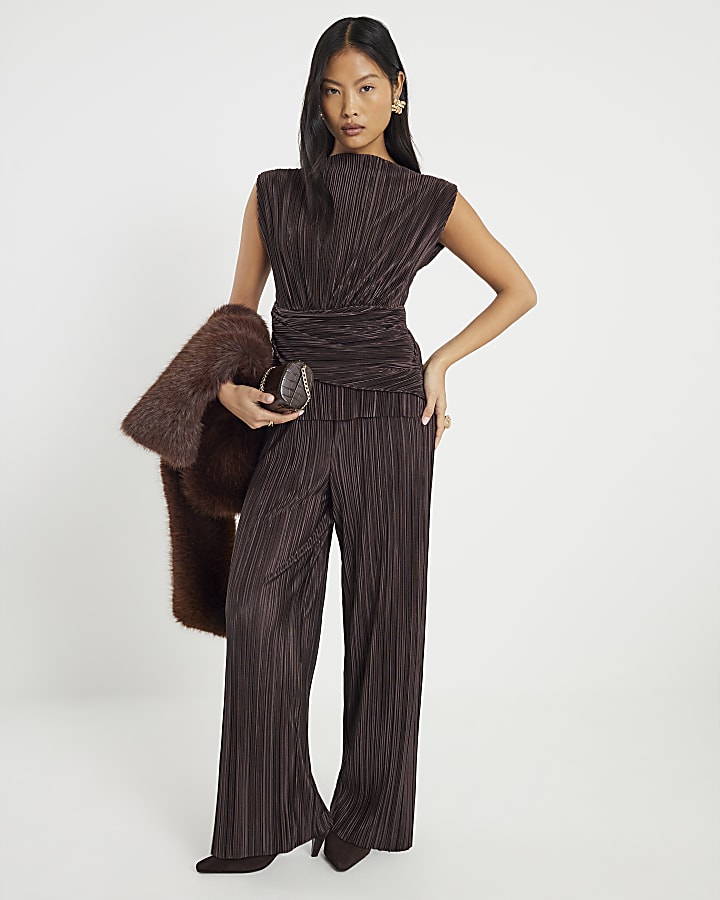 River Island Petite Brown Plisse Wrap Top
