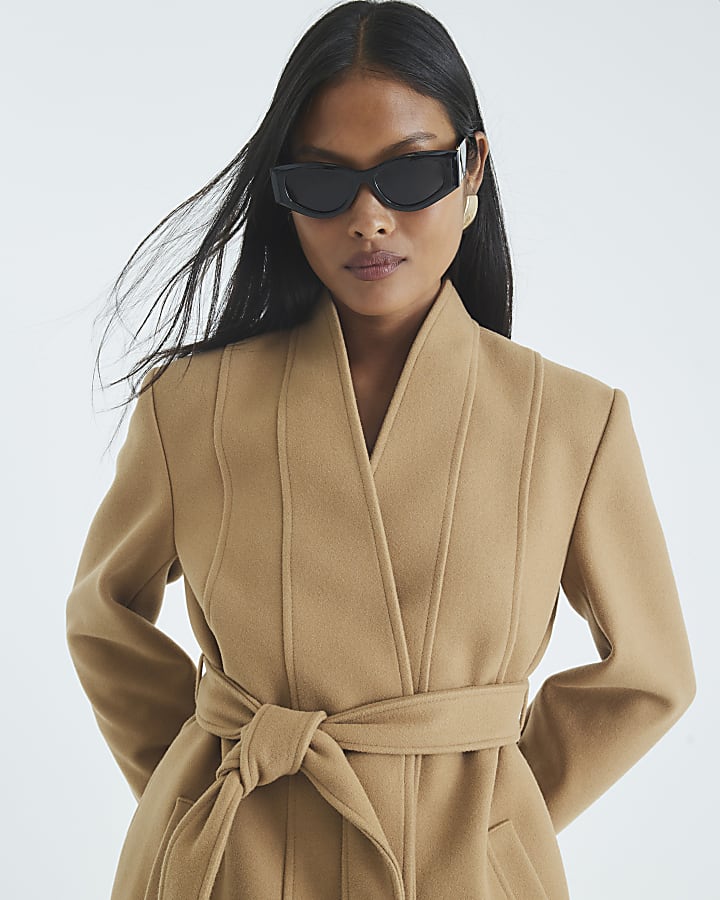 River Island Petite Brown Short Belted Wrap Coat