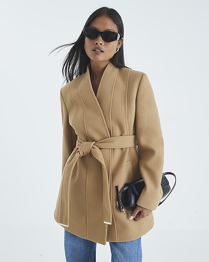 River Island Petite Brown Short Belted Wrap Coat