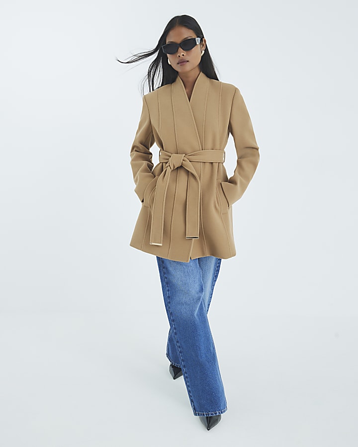 River Island Petite Brown Short Belted Wrap Coat