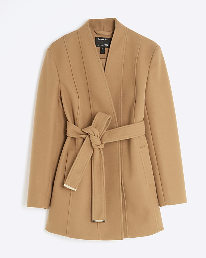 river island Petite Brown Short Belted Wrap Coat