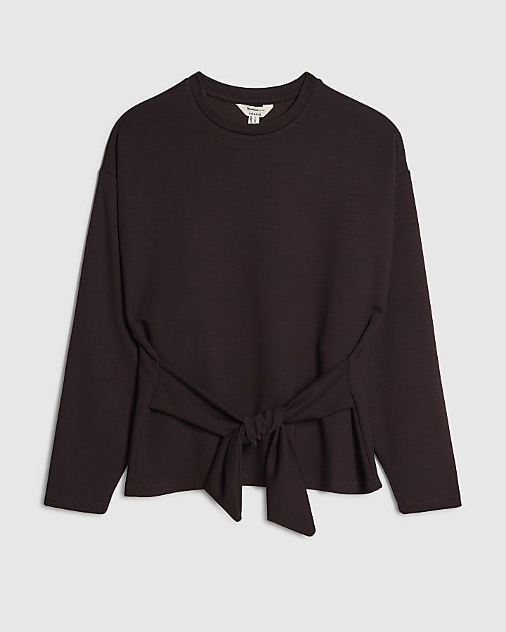 river island Petite Brown Tie Front Premium Top