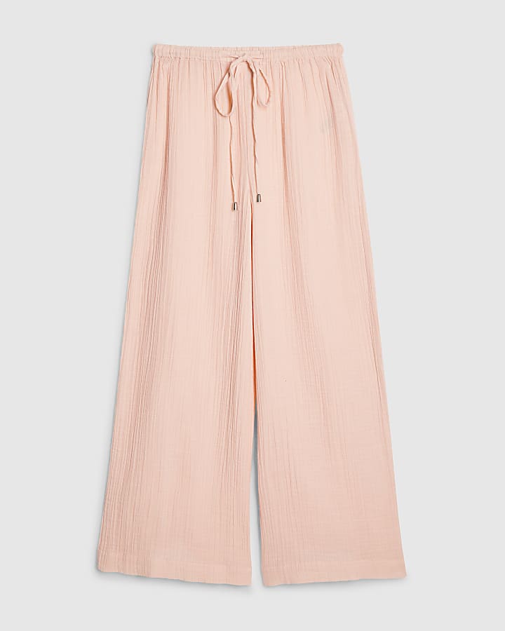 river island Petite Pink Crinkle Wide Leg Trousers
