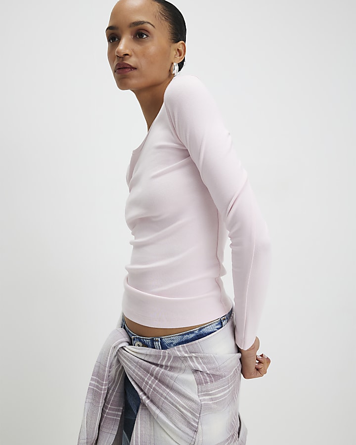 River Island Pink Cotton Long Sleeve Fitted Top