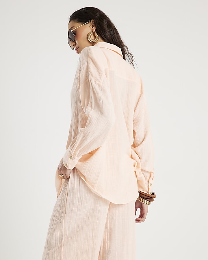 River Island Pink Crinkle Long Sleeve Beach Shirt