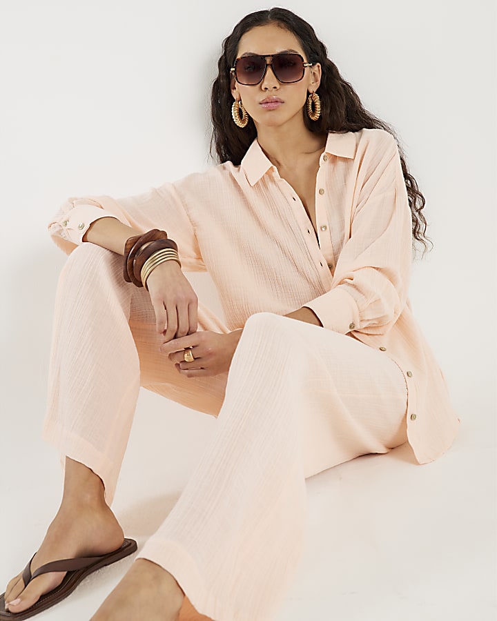 River Island Pink Crinkle Wide Leg Trousers