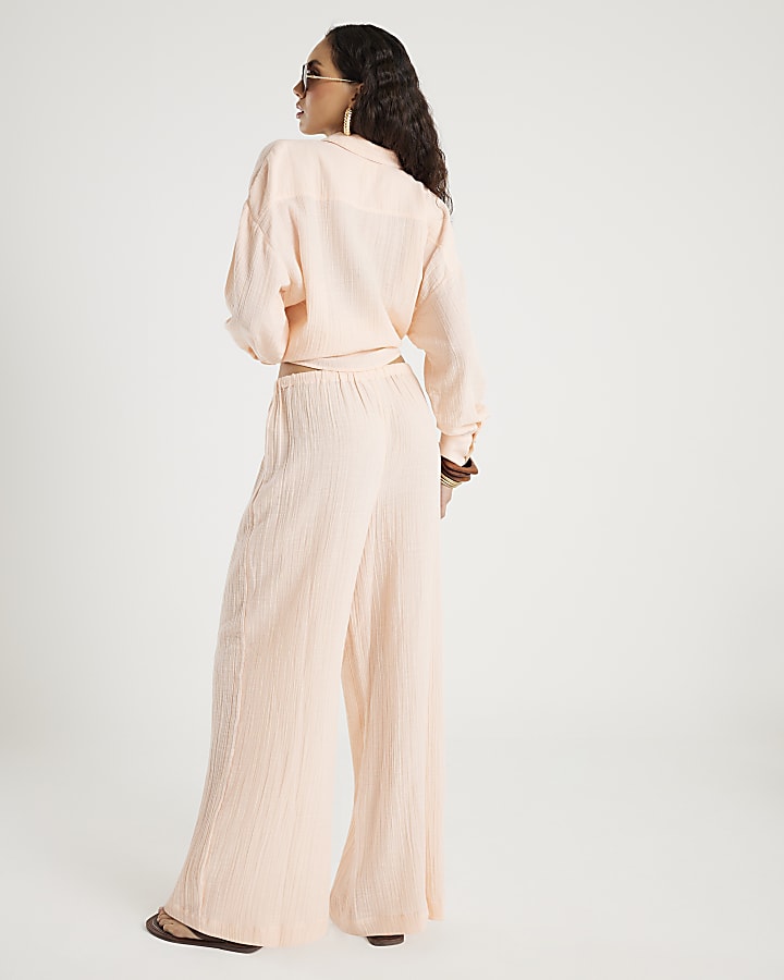 River Island Pink Crinkle Wide Leg Trousers