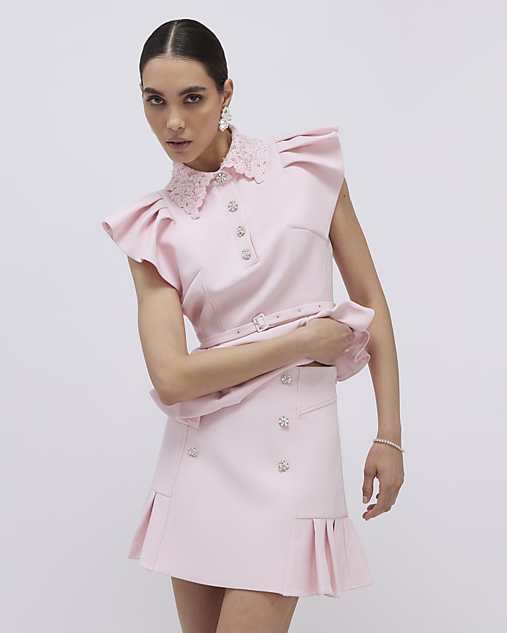 River Island Pink Diamante Pleated Mini Skirt