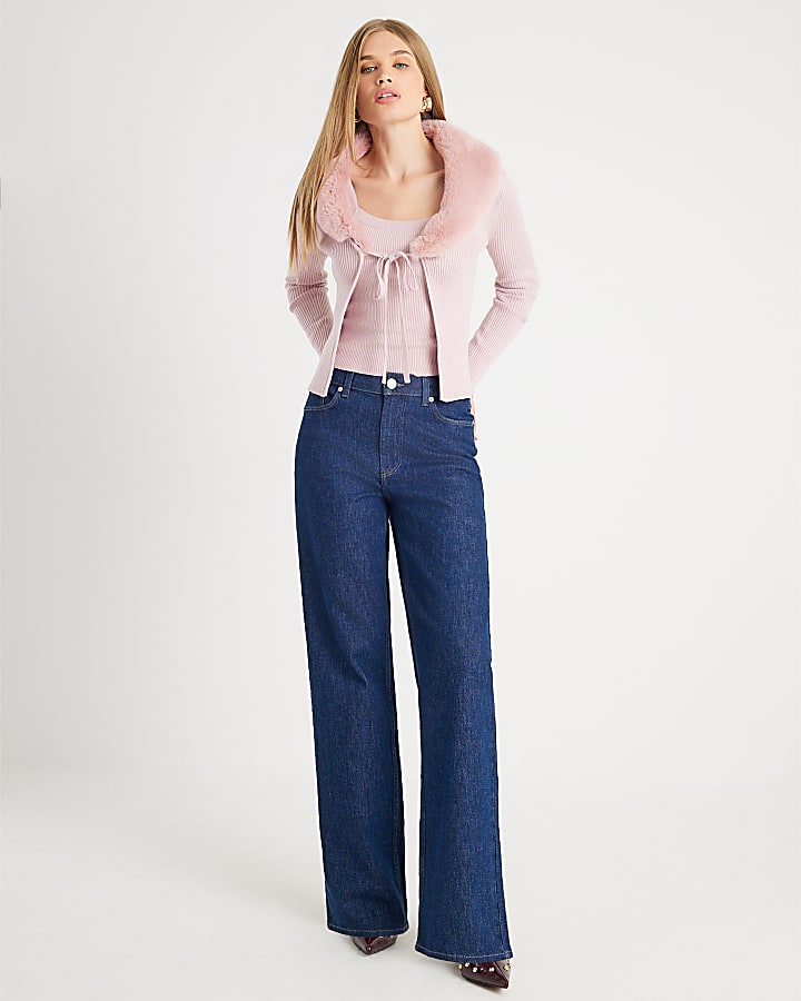 River Island Pink Faux Fur Trim Cardigan Cami Set