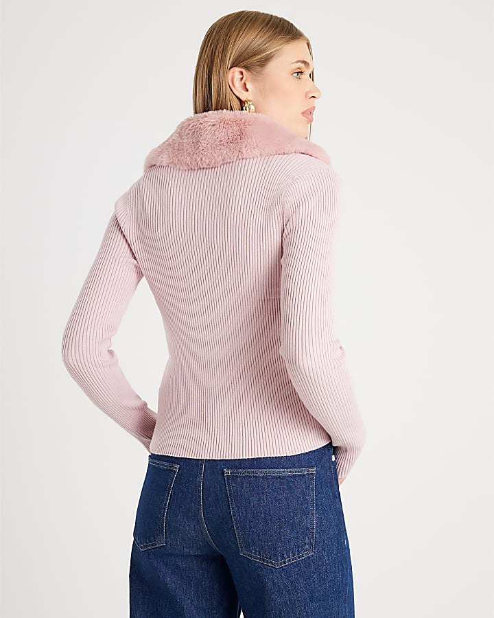 River Island Pink Faux Fur Trim Cardigan Cami Set