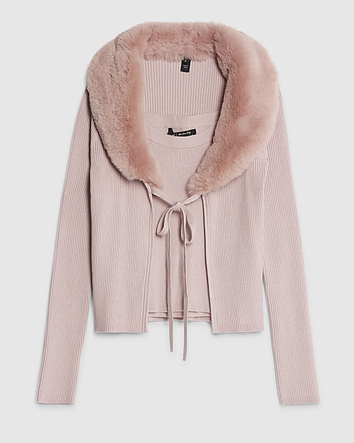 river island Pink Faux Fur Trim Cardigan Cami Set